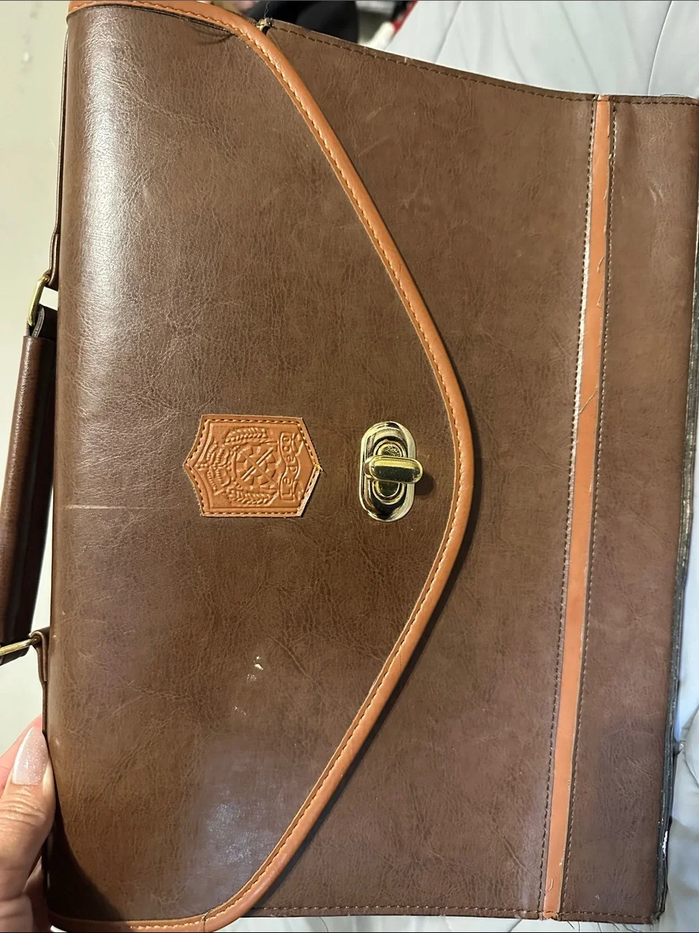 Vintage Le Deco Brown Leather Briefcase with Gold Turn-Lock